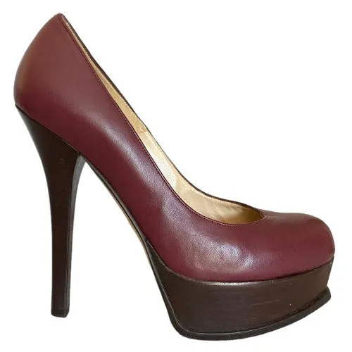 FENDI Burgundy Leather Fendista Wooden Platform Heels Pumps, Size 38