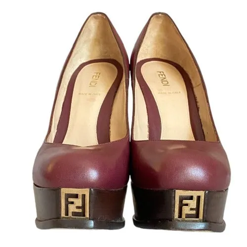 FENDI Burgundy Leather Fendista Wooden Platform Heels Pumps, Size 38