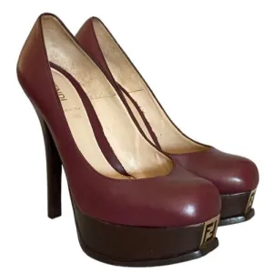 FENDI Burgundy Leather Fendista Wooden Platform Heels Pumps, Size 38