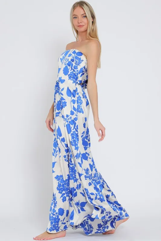 Francis Sleeveless Floral Print Wide Leg Jumpsuit Blue