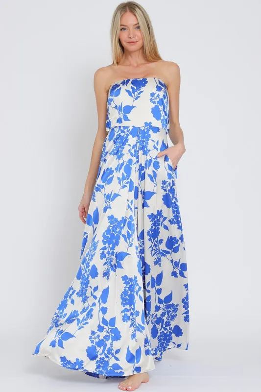 Francis Sleeveless Floral Print Wide Leg Jumpsuit Blue
