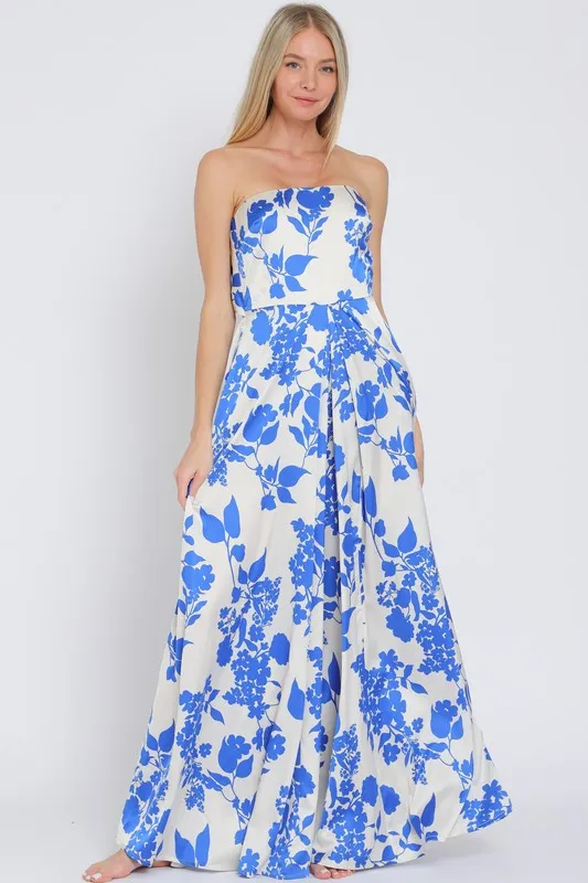 Francis Sleeveless Floral Print Wide Leg Jumpsuit Blue