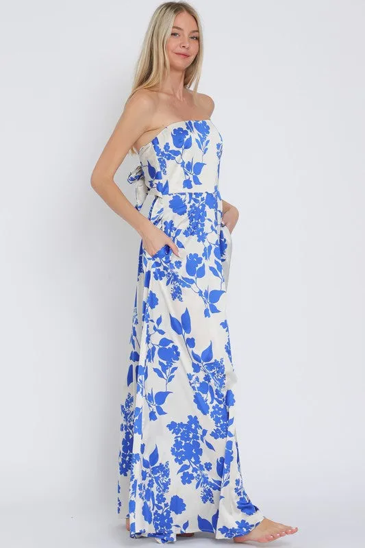 Francis Sleeveless Floral Print Wide Leg Jumpsuit Blue