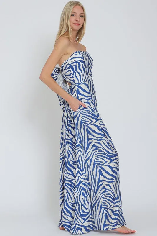 Francis Sleeveless Zebra Print Wide Leg Jumpsuit Blue