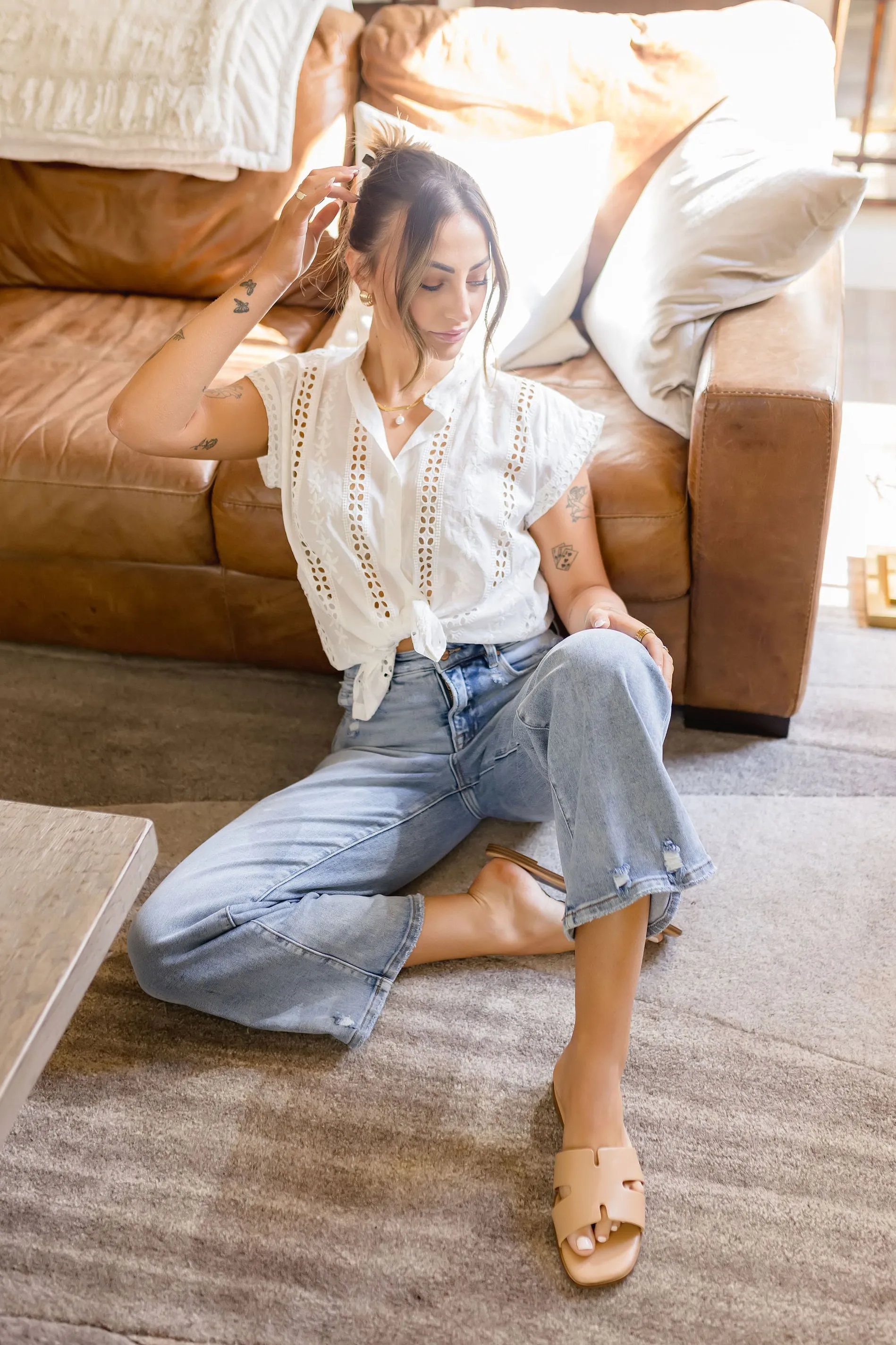 Ginger Short Sleeve Eyelet Floral Print Top White