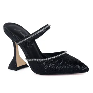 Glitter Spool Heel Sandal in Black
