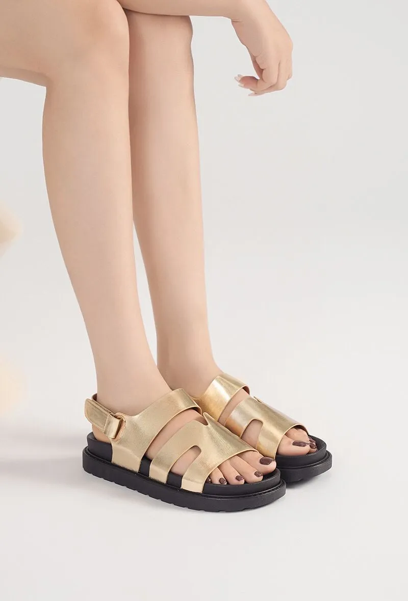 GOLD CUT OUT DETAIL SOFT SOLE FLAT SLIDERS SANDALS