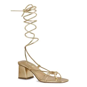 Gold Tie-Up Block Heel Sandal