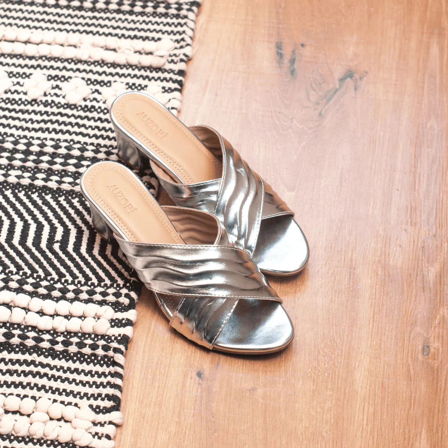 GRACEFUL Silver Patterned Block Heels