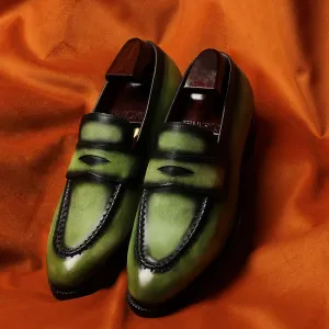 Green Glossed Washed Patina Penny Loafers With Stitch Detail