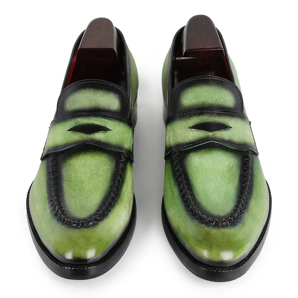 Green Glossed Washed Patina Penny Loafers With Stitch Detail