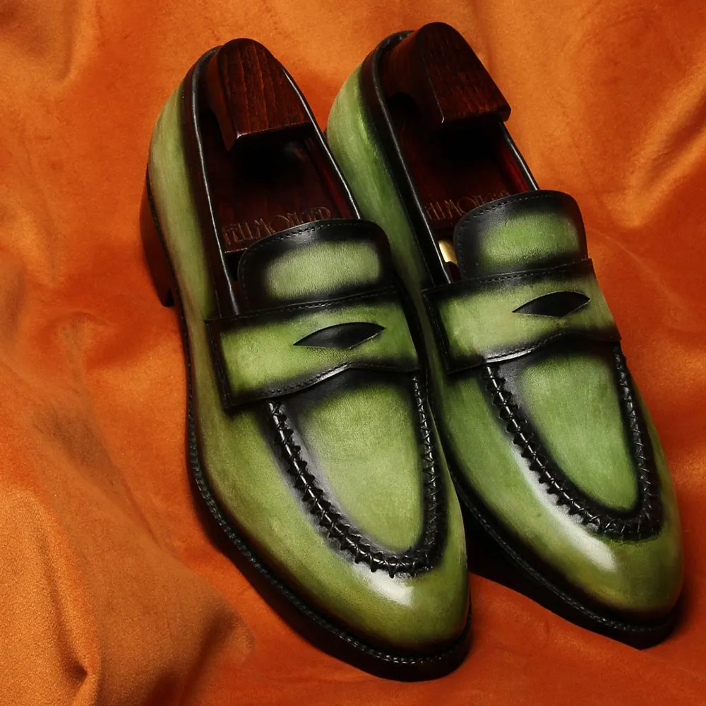 Green Glossed Washed Patina Penny Loafers With Stitch Detail
