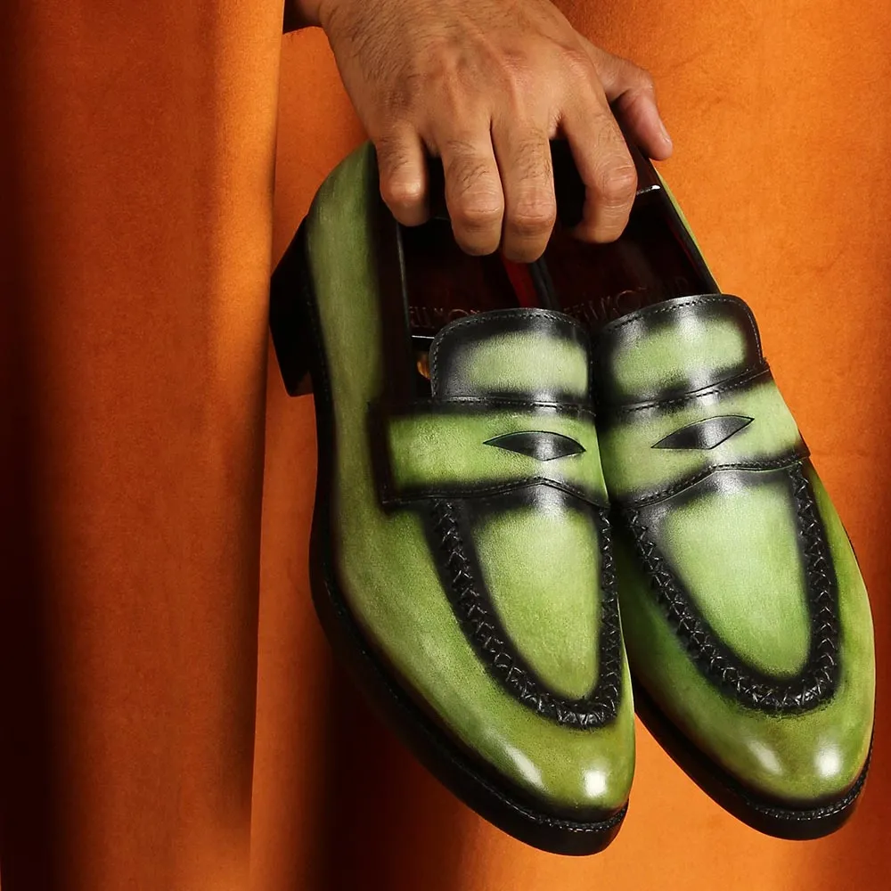 Green Glossed Washed Patina Penny Loafers With Stitch Detail