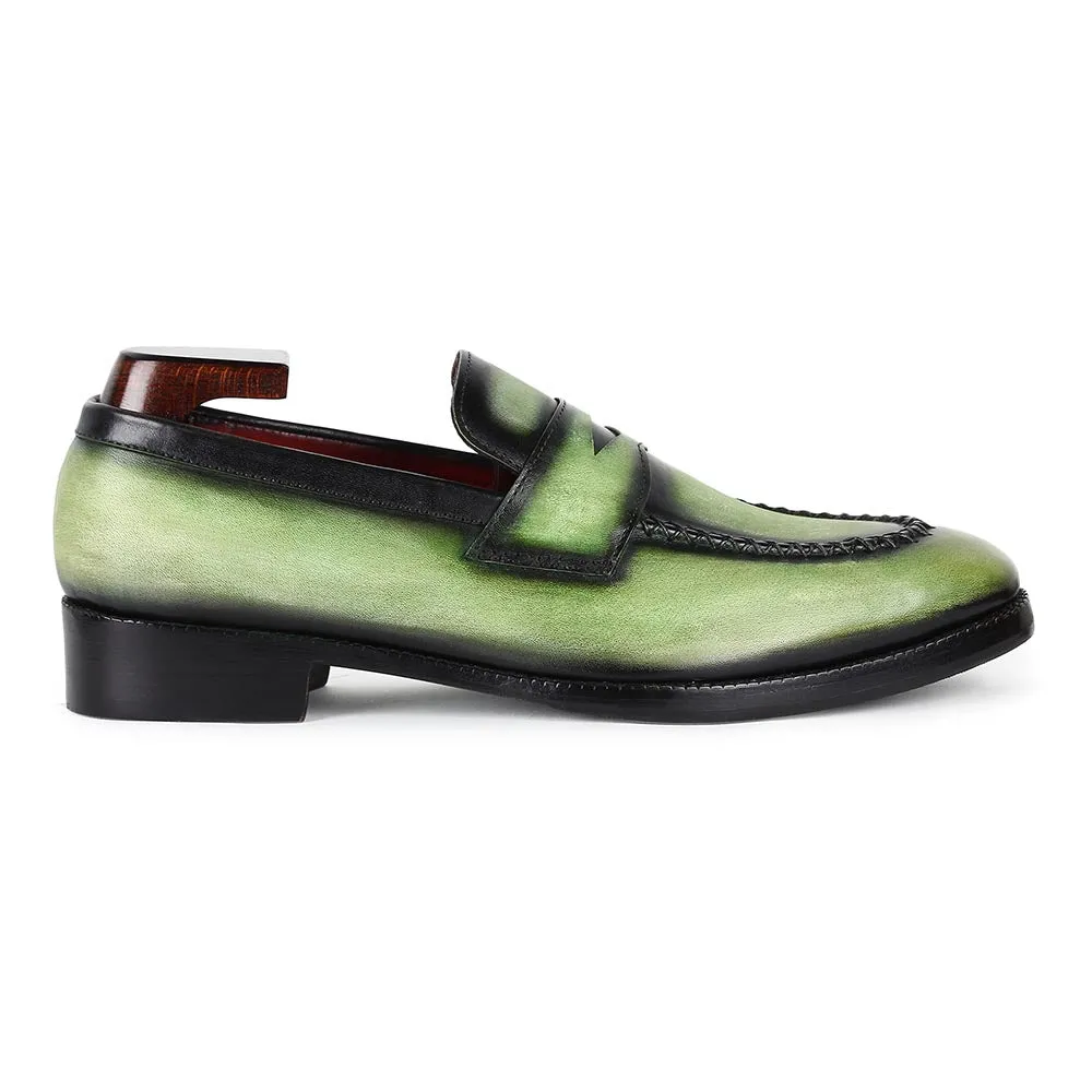 Green Glossed Washed Patina Penny Loafers With Stitch Detail