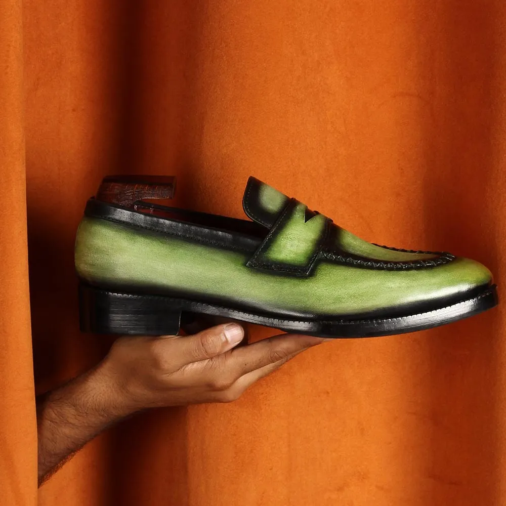Green Glossed Washed Patina Penny Loafers With Stitch Detail
