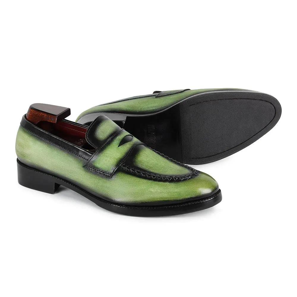 Green Glossed Washed Patina Penny Loafers With Stitch Detail