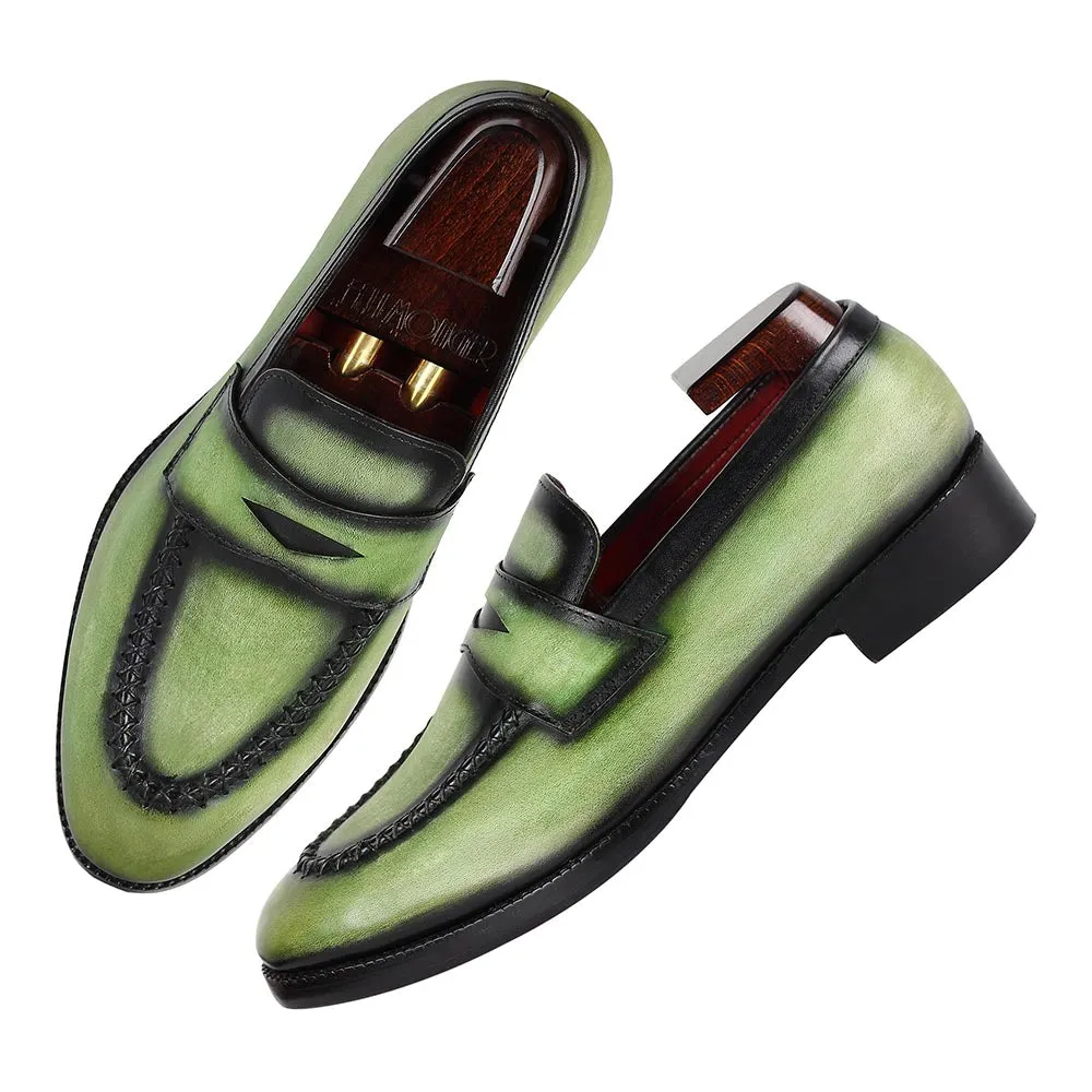 Green Glossed Washed Patina Penny Loafers With Stitch Detail