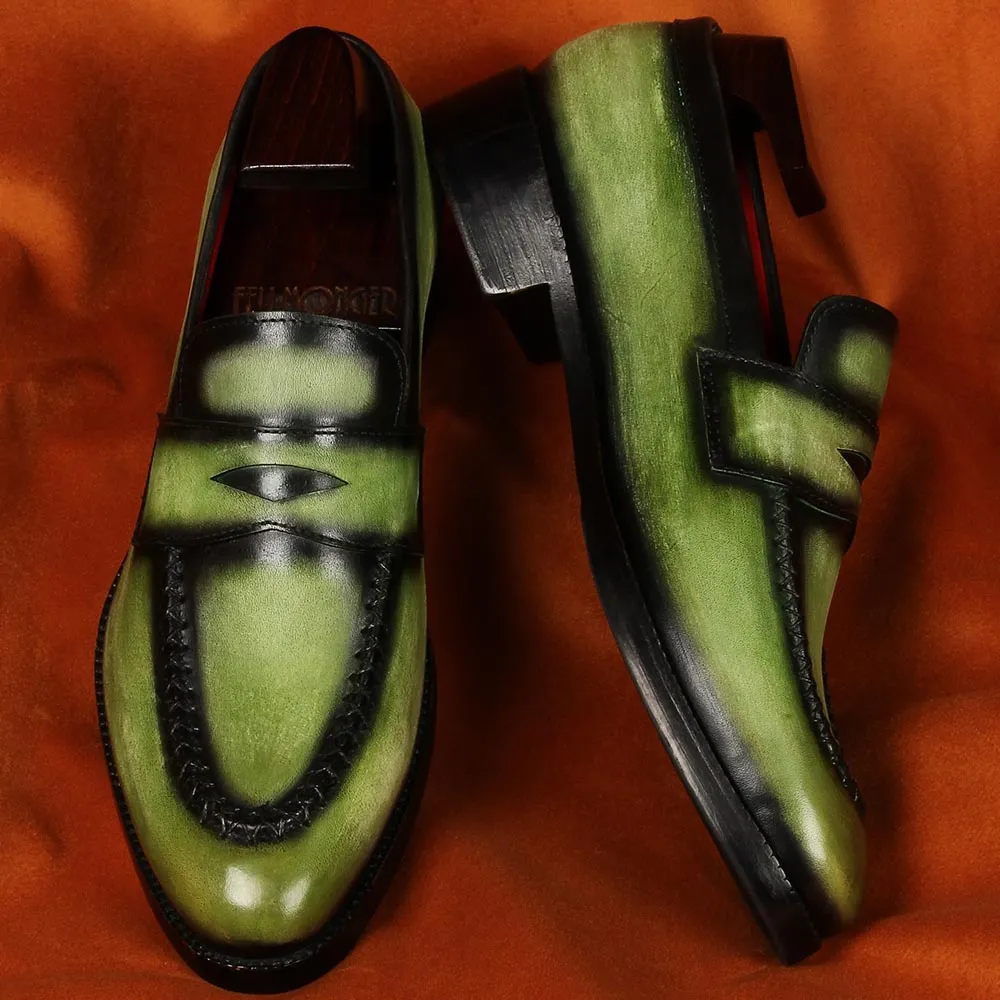 Green Glossed Washed Patina Penny Loafers With Stitch Detail