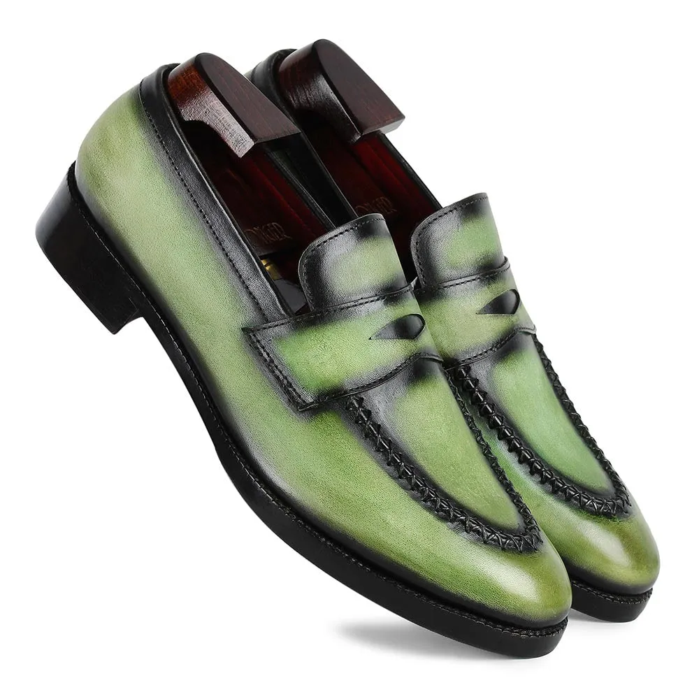 Green Glossed Washed Patina Penny Loafers With Stitch Detail