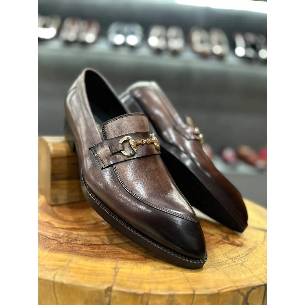 Grey Brownish Mirror Glossed Patina Horsebit Pointed Gatsby Loafers   Cuban Heel