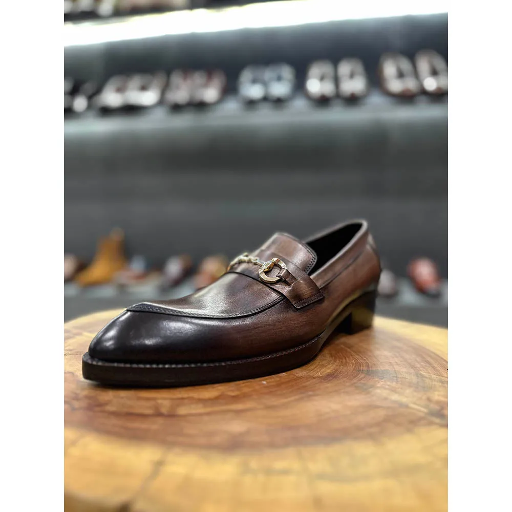 Grey Brownish Mirror Glossed Patina Horsebit Pointed Gatsby Loafers   Cuban Heel
