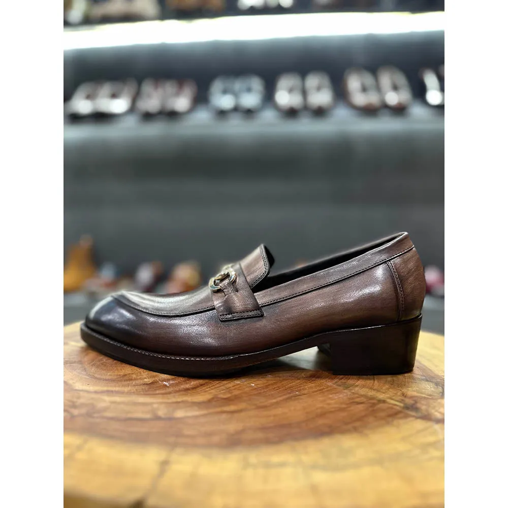 Grey Brownish Mirror Glossed Patina Horsebit Pointed Gatsby Loafers   Cuban Heel