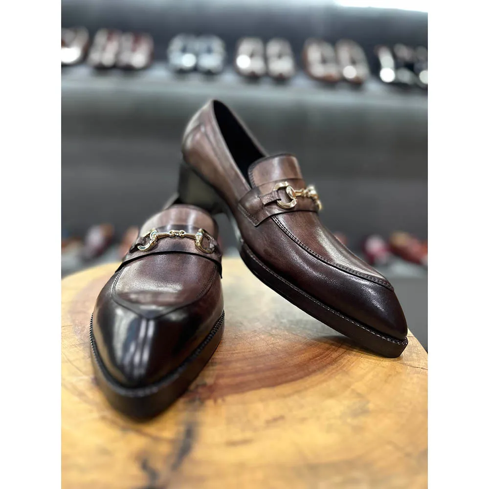 Grey Brownish Mirror Glossed Patina Horsebit Pointed Gatsby Loafers   Cuban Heel
