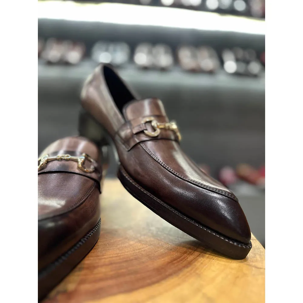 Grey Brownish Mirror Glossed Patina Horsebit Pointed Gatsby Loafers   Cuban Heel