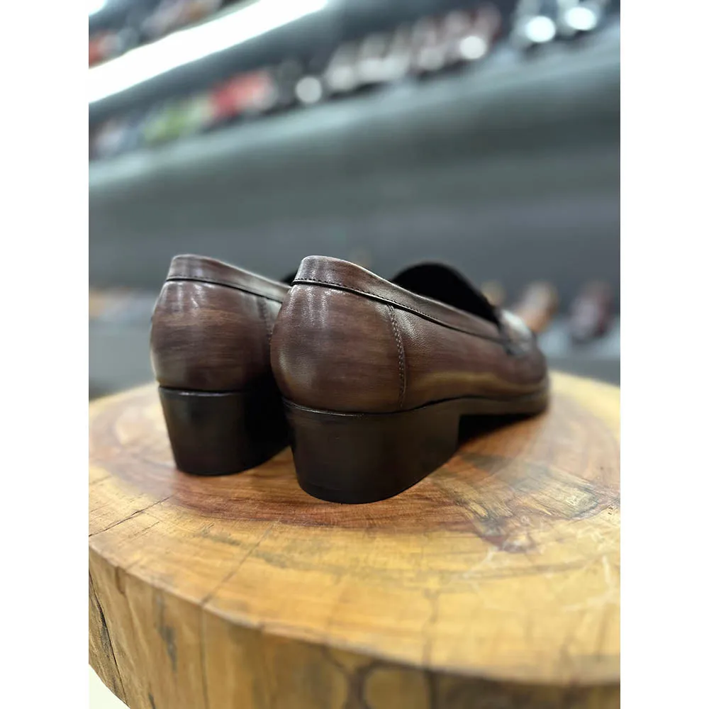 Grey Brownish Mirror Glossed Patina Horsebit Pointed Gatsby Loafers   Cuban Heel