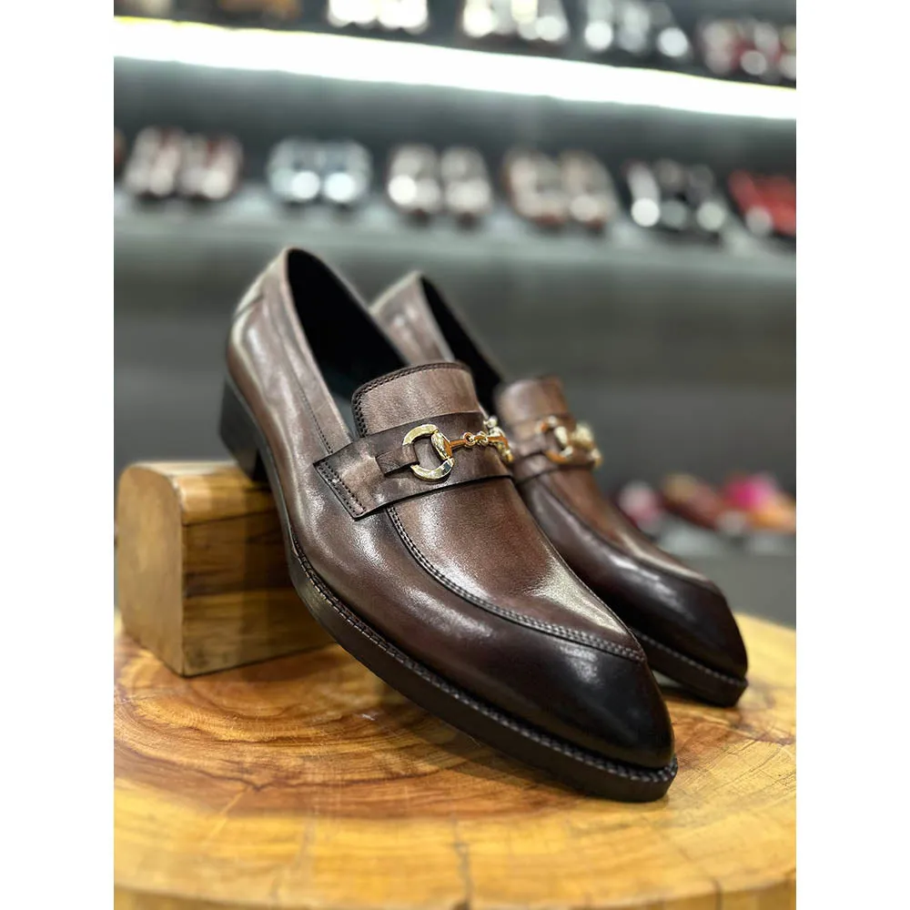 Grey Brownish Mirror Glossed Patina Horsebit Pointed Gatsby Loafers   Cuban Heel