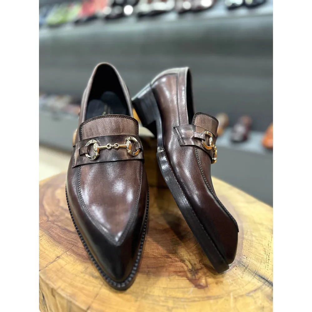Grey Brownish Mirror Glossed Patina Horsebit Pointed Gatsby Loafers   Cuban Heel