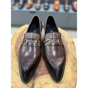 Grey Brownish Mirror Glossed Patina Horsebit Pointed Gatsby Loafers   Cuban Heel