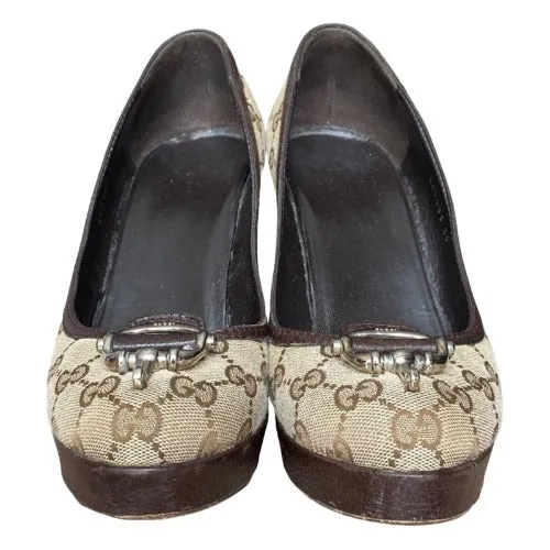 GUCCI Beige Supreme Monogram Canvas & Leather Bit Platform Pumps, Size 39