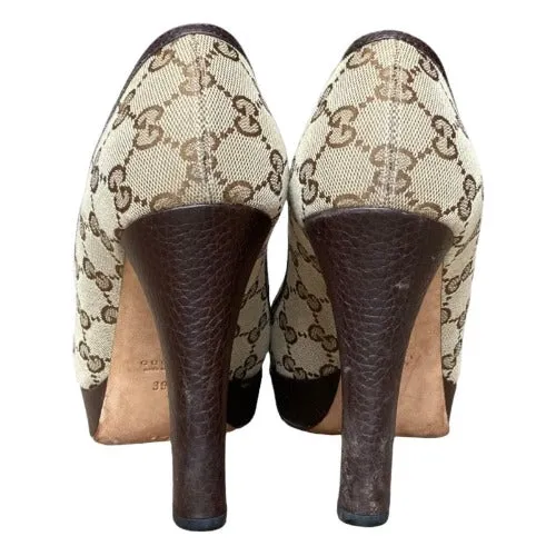GUCCI Beige Supreme Monogram Canvas & Leather Bit Platform Pumps, Size 39