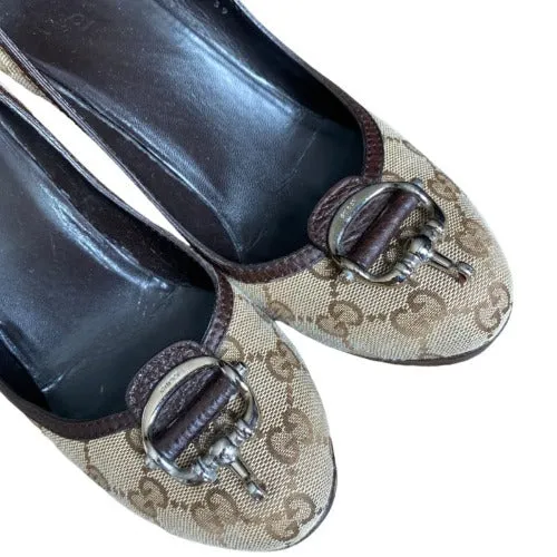 GUCCI Beige Supreme Monogram Canvas & Leather Bit Platform Pumps, Size 39