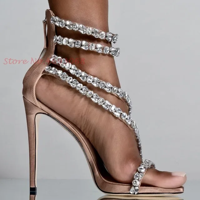 High-end Diamond Straps Back Zipper Ankle Thin High Heels