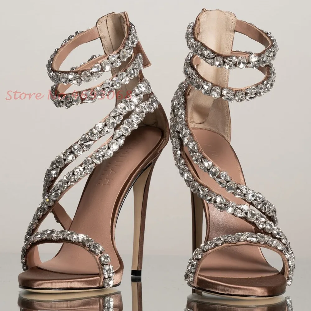High-end Diamond Straps Back Zipper Ankle Thin High Heels