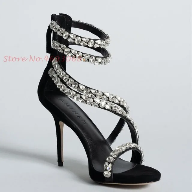 High-end Diamond Straps Back Zipper Ankle Thin High Heels
