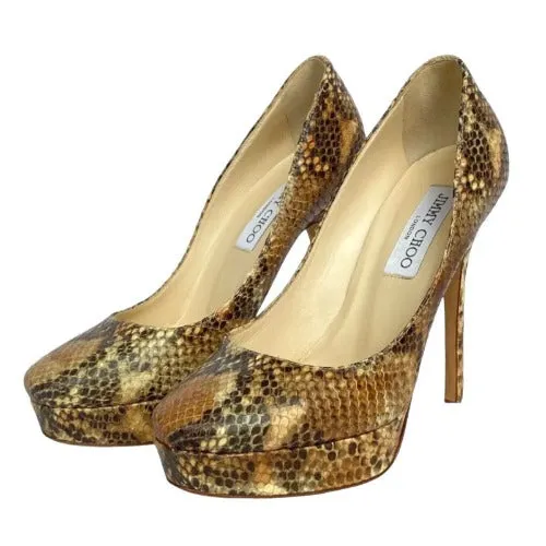 JIMMY CHOO Beige Brown Multicolor Python Platform Heel Pumps, Size 37