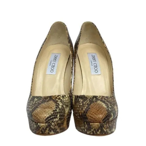JIMMY CHOO Beige Brown Multicolor Python Platform Heel Pumps, Size 37