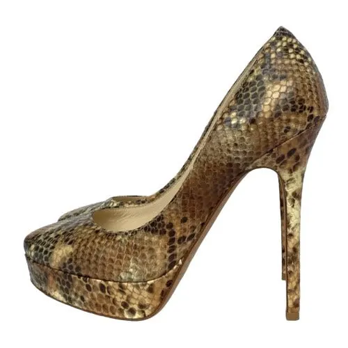 JIMMY CHOO Beige Brown Multicolor Python Platform Heel Pumps, Size 37