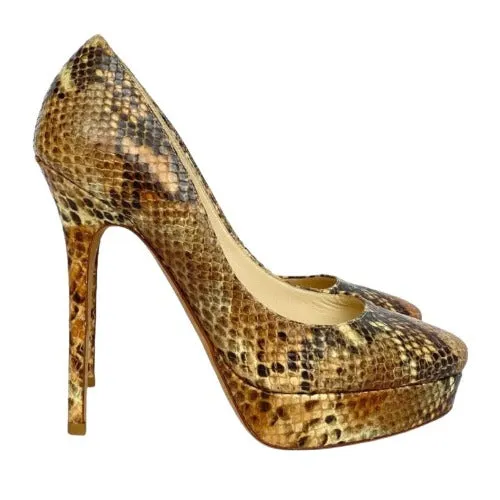 JIMMY CHOO Beige Brown Multicolor Python Platform Heel Pumps, Size 37