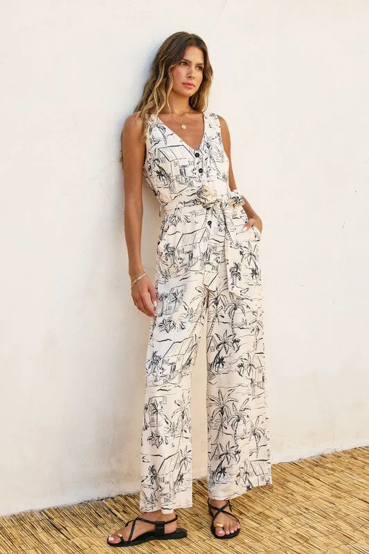 Kellan Sleeveless Waist Tie Abstract Print Jumpsuit White