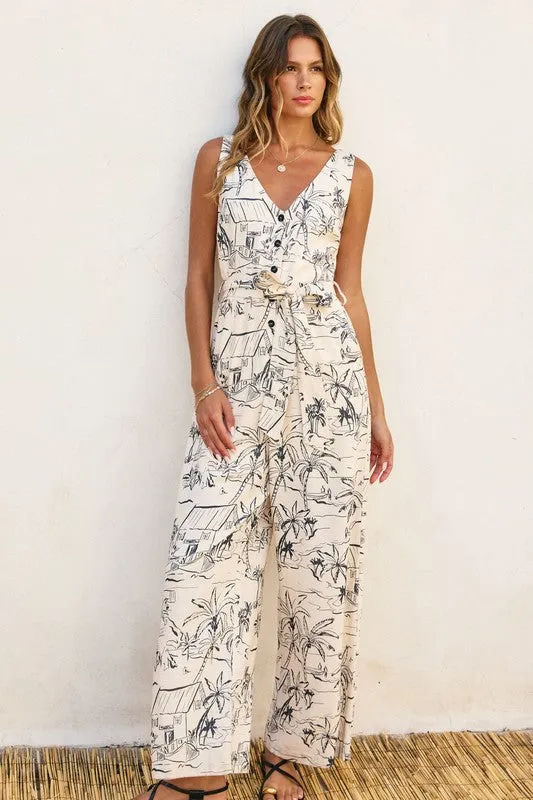 Kellan Sleeveless Waist Tie Abstract Print Jumpsuit White