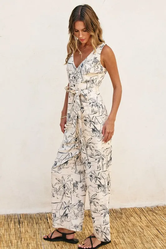Kellan Sleeveless Waist Tie Abstract Print Jumpsuit White