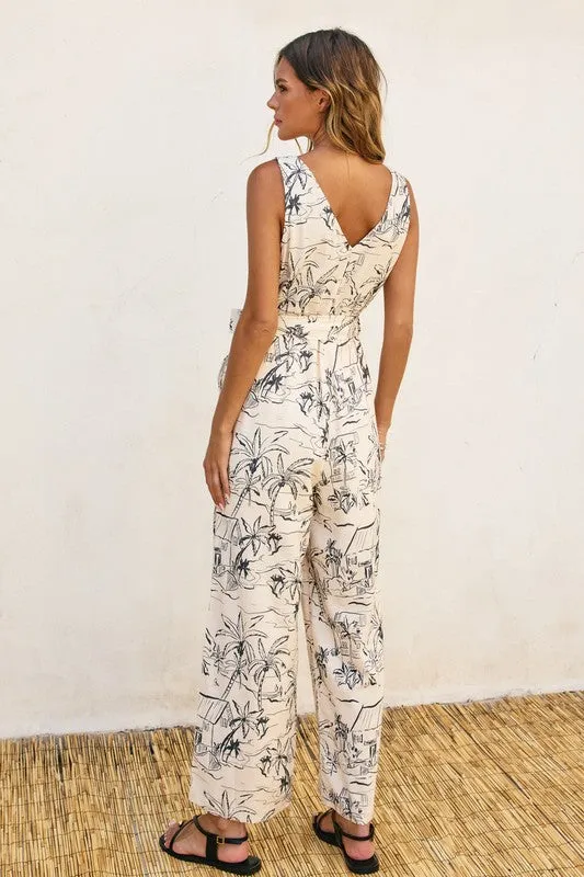 Kellan Sleeveless Waist Tie Abstract Print Jumpsuit White