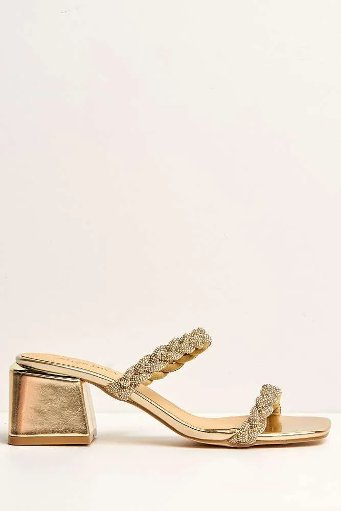 Lavinia 2 Strap Plaited Diamante Embellished Block Heels in Gold