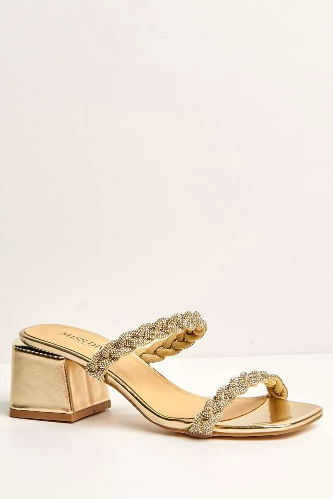 Lavinia 2 Strap Plaited Diamante Embellished Block Heels in Gold