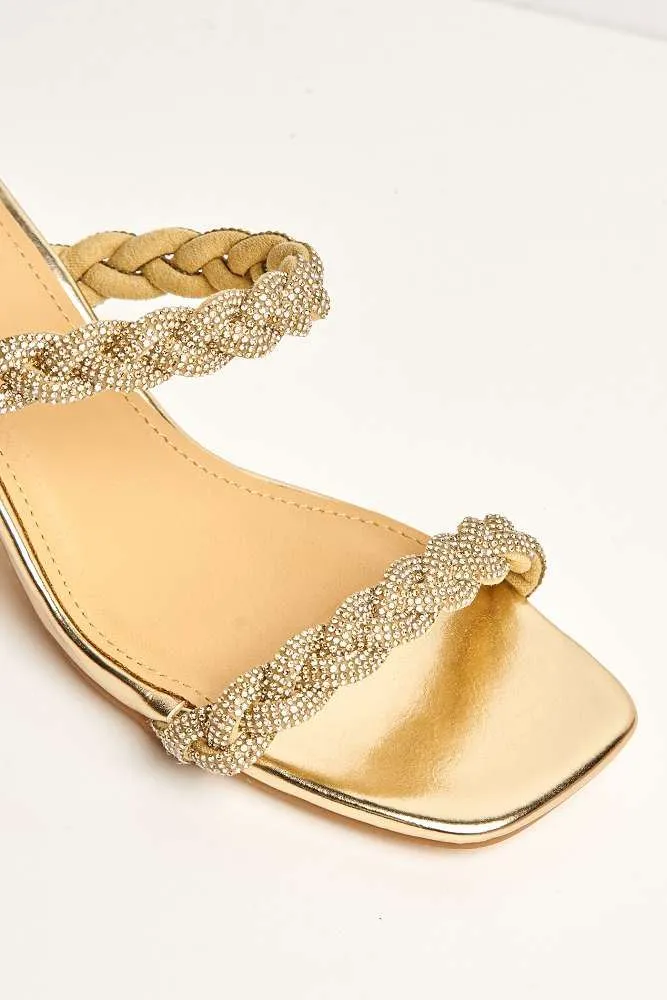 Lavinia 2 Strap Plaited Diamante Embellished Block Heels in Gold