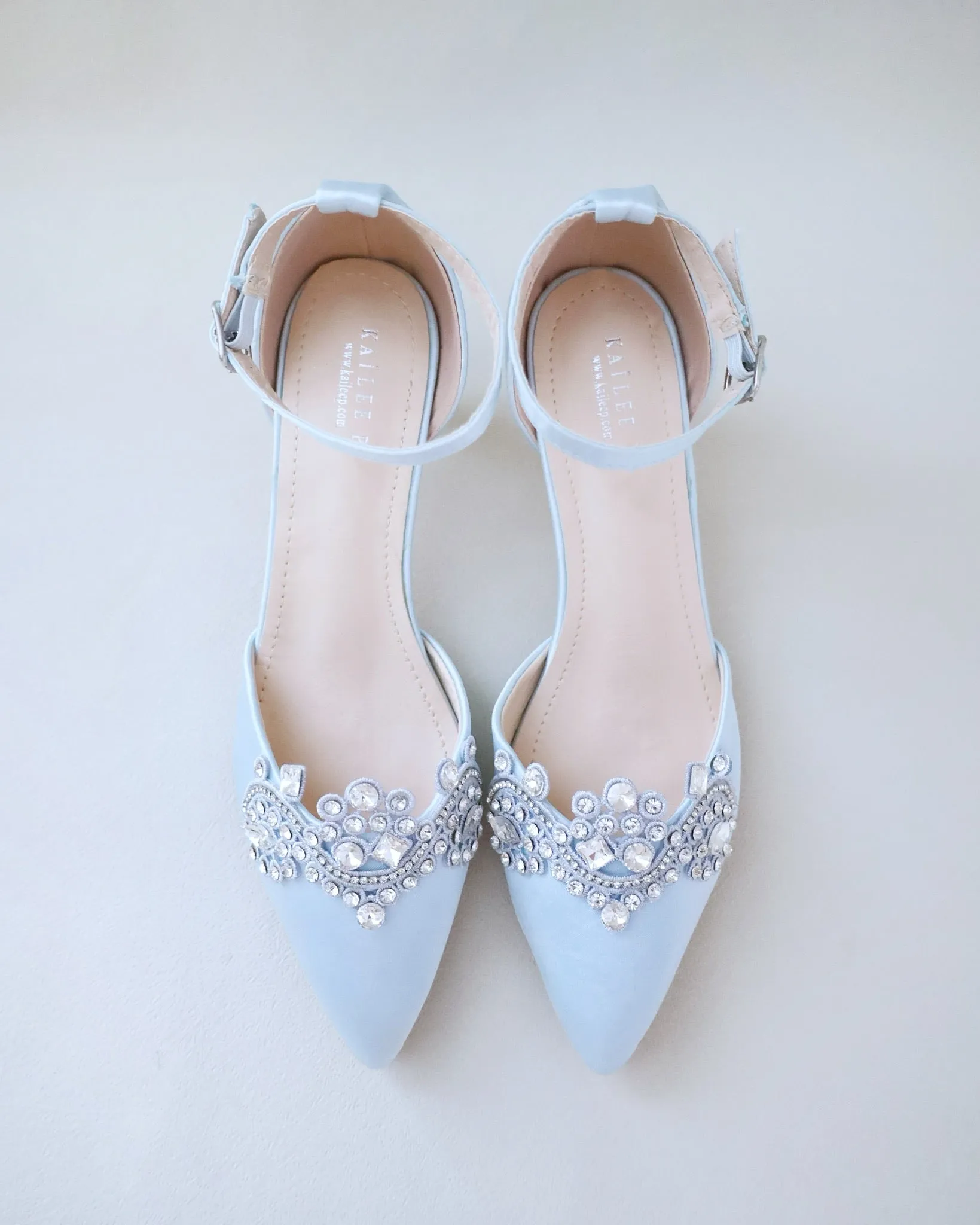 Light Blue Satin Pointy Toe Low Heels with Rhinestones Applique